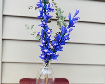 Realistic Delphinium and Eucalyptus bouquet, spring, summer, Mother’s Day, rustic, wedding, centerpiece, gift, anniversary, crepe flowers