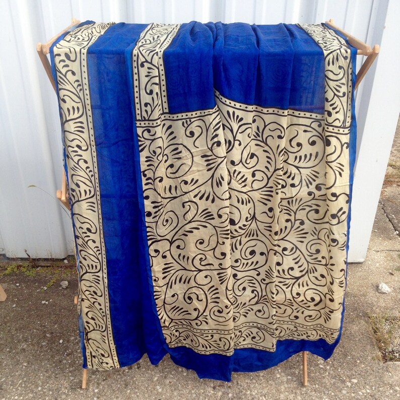 Sale Blue Sari Silk Vintage Fabric Saree Spiral Paisley Black Etsy