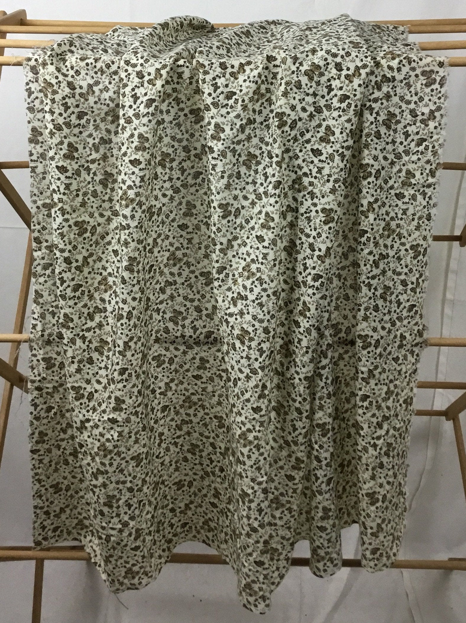 Brown Butterfly Cotton Fabric Floral Leaves Semi Sheer J Etsy
