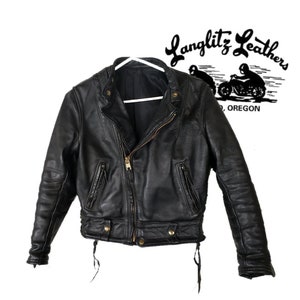 Vintage Ladies Langlitz Cascade Leather Jacket 70s 80s Black Brass Steerhide or Horsehide Moto Biker Motorcycle Perfecto Custom Small 4-6 image 1