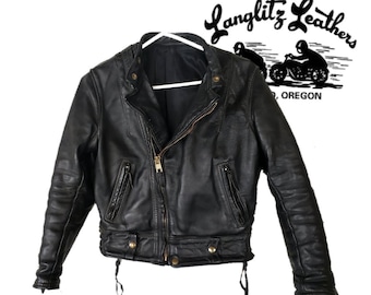 Vintage Ladies Langlitz Cascade Leather Jacket 70s 80s Black Brass Steerhide or Horsehide Moto Biker Motorcycle Perfecto Custom Small 4-6