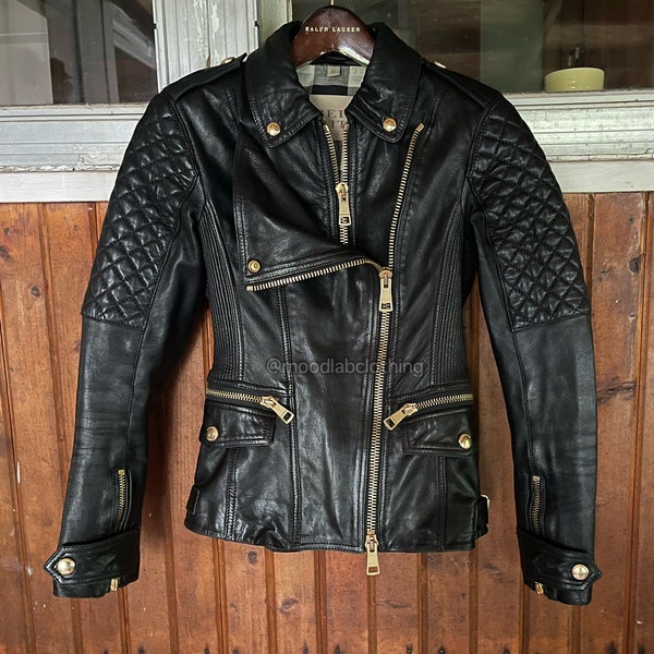 Burberry Brit Quilted Leather Jacket Moto Biker Peplum Padded Motorcycle Designer Gothic Goth Punk Prorsum Remington Loseley US 2 XS UK 4