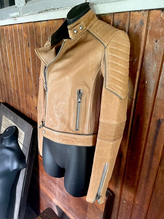 Diesel Black Gold Leather Jacket Moto Biker Motorcycle Tan Stand