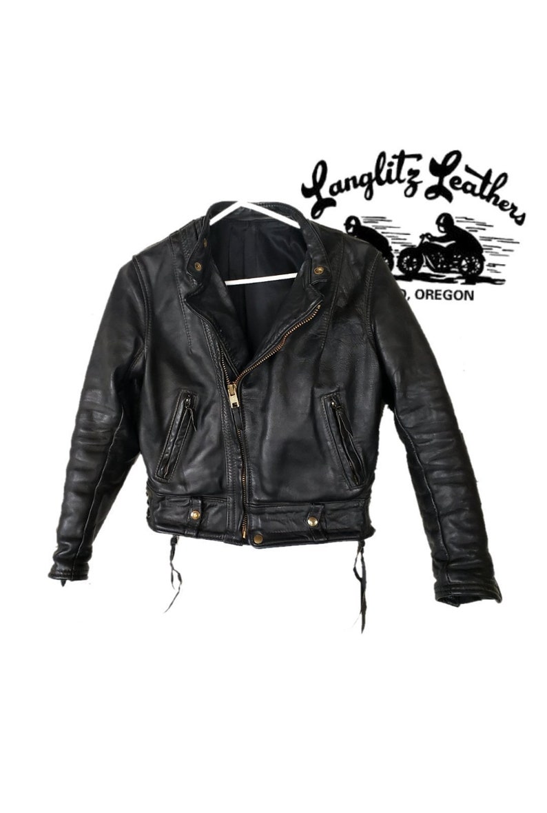 Vintage Ladies Langlitz Cascade Leather Jacket 70s 80s Black Brass Steerhide or Horsehide Moto Biker Motorcycle Perfecto Custom Small 4-6 image 1