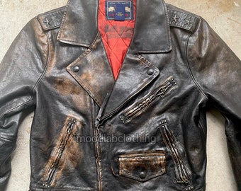 Ralph Lauren Leather Jacket Moto Biker Patina Distressed 50s Studded One star m medium Motorcycle Studs Post Apocalyptic Faded Black Brown