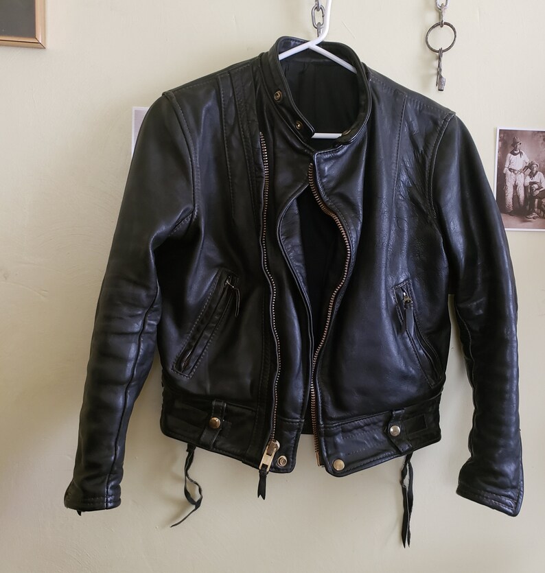 Vintage Ladies Langlitz Cascade Leather Jacket 70s 80s Black Brass Steerhide or Horsehide Moto Biker Motorcycle Perfecto Custom Small 4-6 image 4