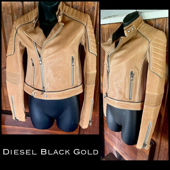 Diesel Black Gold Leather Jacket Moto Biker Motorcycle Tan Stand