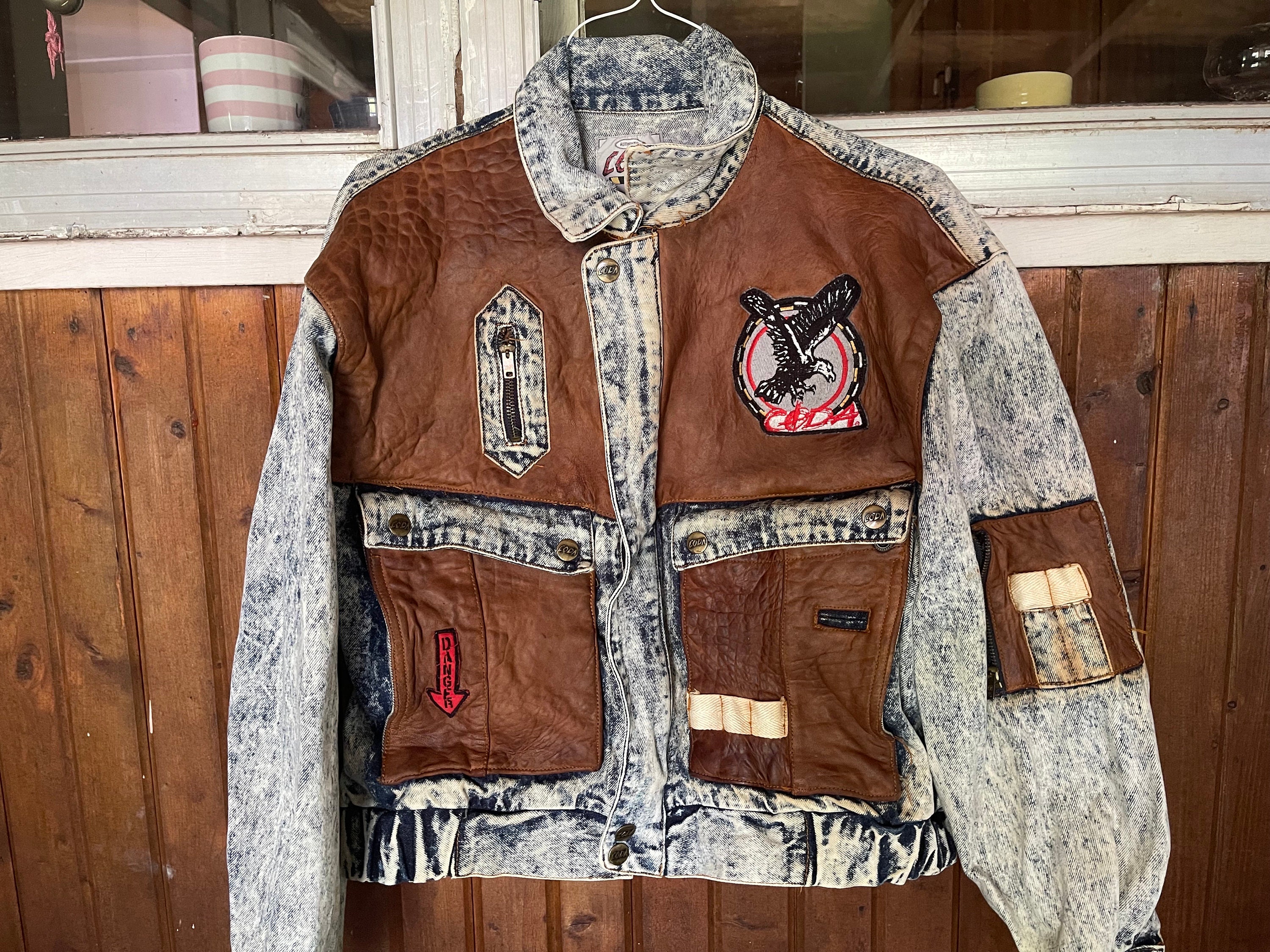 Vintage Moto Biker Denim Leather Jacket 80s 90s Grunge Punk