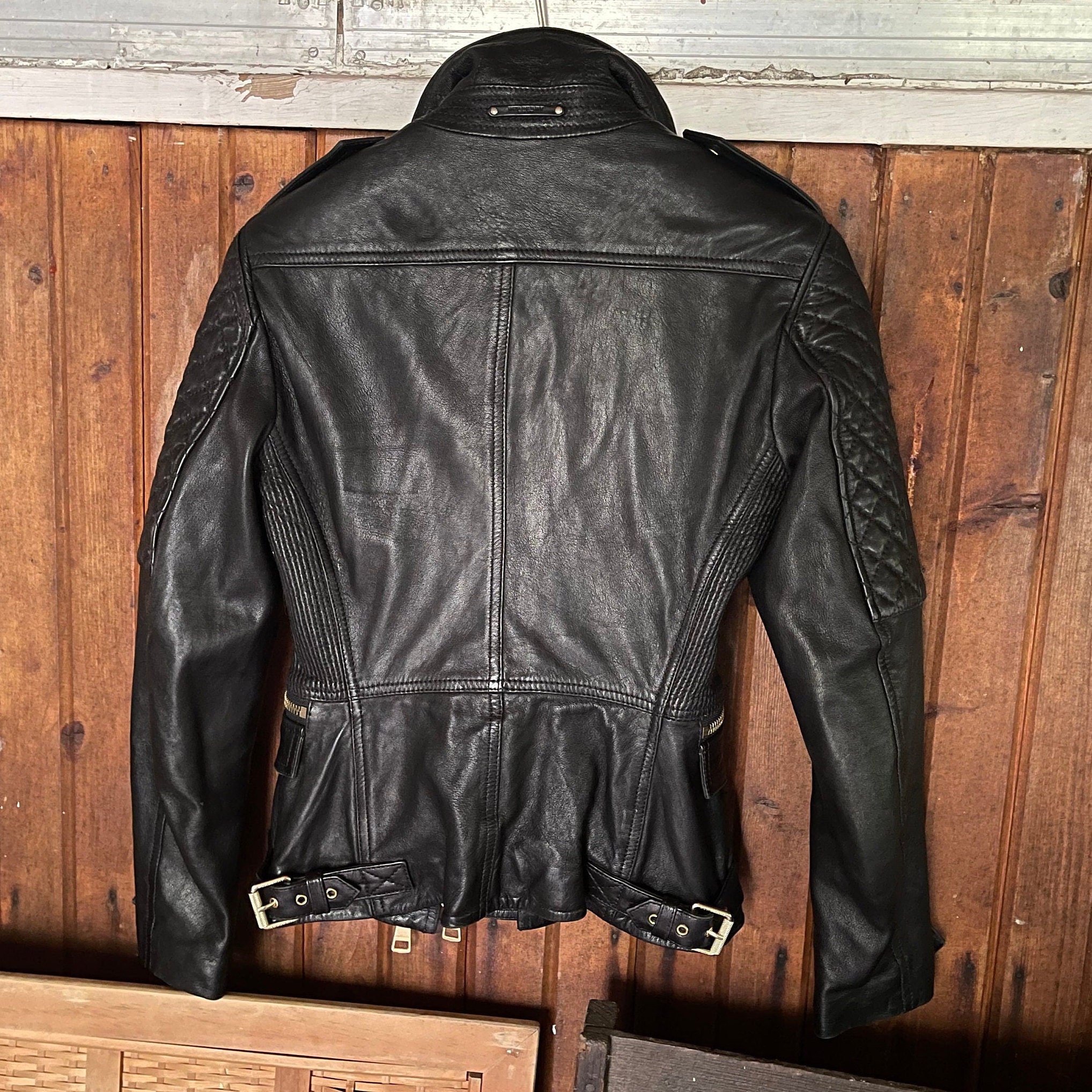 Burberry Brit Quilted Leather Jacket Moto Biker Peplum Padded