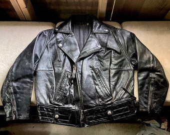 Rare 50s 60s Langlitz Columbia Leather Jacket Petite Ladies Large Bust Cropped Moto Biker Motorcycle Distressed Patina Handmade Black VTG