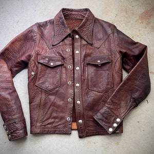 East West Musical Instruments Leather Jacket Trucker Hippy Brown Distressed XS Ladies Button Southwestern 60s 70s Rocker Rockstar Patina