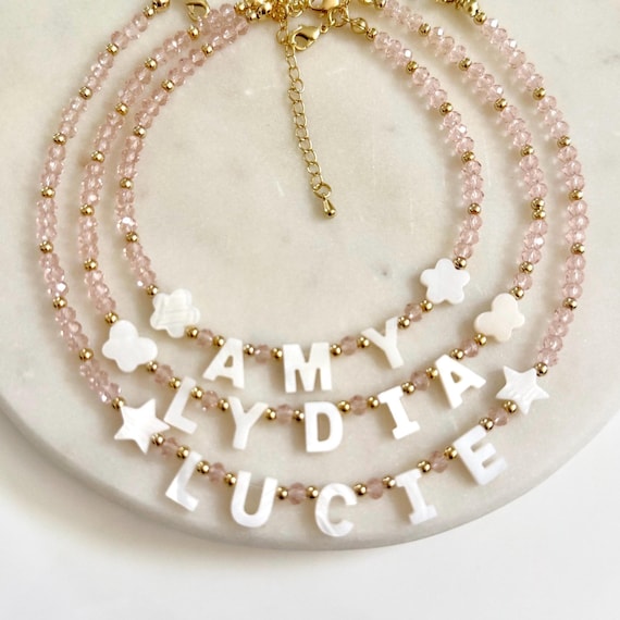 Personalized name necklace for little girl with pearl letter. Personalized crystal necklace with narl letter. Gift for girl.