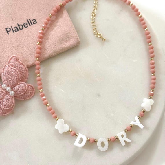 Personalized Necklace with Nacar Name. Personalized Necklace of Crystal Beads. Mother of Pearl Name Necklace. Trendy Necklace. Gift for Girl
