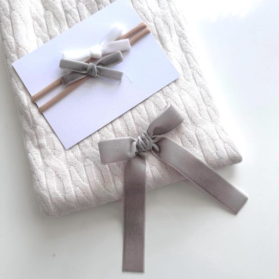 Velvet Bow for Girl. Gray Velvet Ribbon Bow. Women's Long Tail Bow. Long Velvet Bow. Newborn Velvet Headband. Velvet Bow Long Tail.