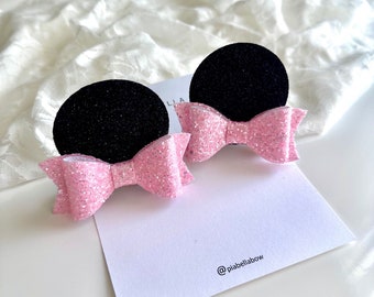 Minnie Ears Pink. Minnie Mouse Pink Glitter. Minnie Mouse Pigtail Hair Bow Set. Minnie Mouse Hair Clips. Gift for Girls.