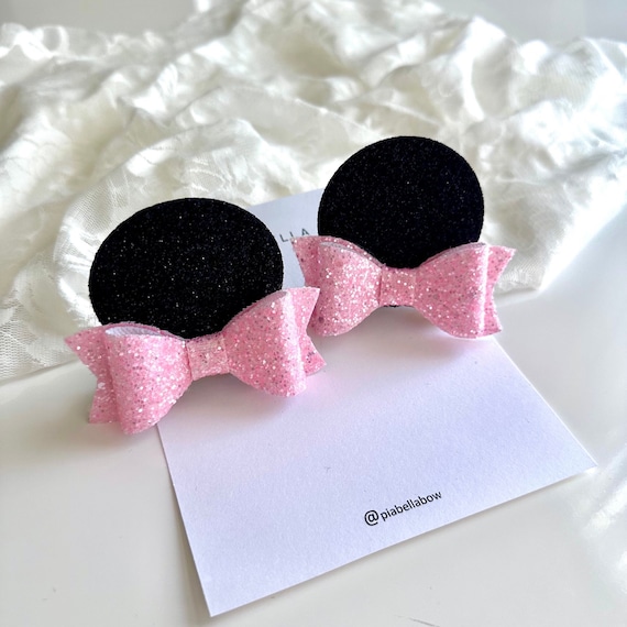 Minnie Ears Pink. Minnie Mouse Pink Glitter. Minnie Mouse Pigtail Hair Bow Set. Minnie Mouse Hair Clips. Gift for Girls.