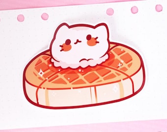 Pegatina de gato waffle / gato lindo, gatito kawaii, comida para desayunar