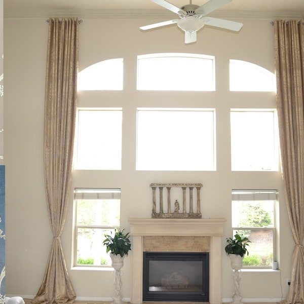 Cortina jacquard extra larga de color beige gris azul con ojal de patrón real plateado/dorado en la parte superior 12 15 16 17 18 20 24 pies Gran sala de 2 pisos Ikiriska