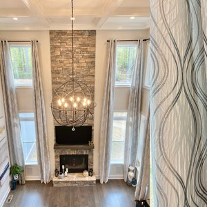Extra Long Jacquard Curtain with White and Gray/Silver geometrical Pattern Grommet top 12 15 16 17 18 19 20 24 ft Story Great Room IKIRISKA