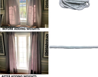 Add weights to  the bottom of curtains  (Lead Free Sausage Bead Weight ) heavy  rope for bottom of the drapes, for light weighted  curtains