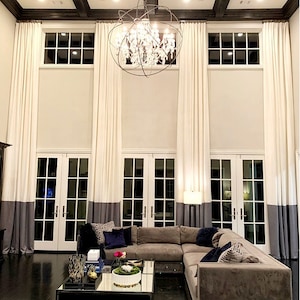 Extra long luxury solid linen curtain block of Off White/Dark Gray custom made 14 15 16 17 18 20 24 feet   2 story drapes FREE SWATCH