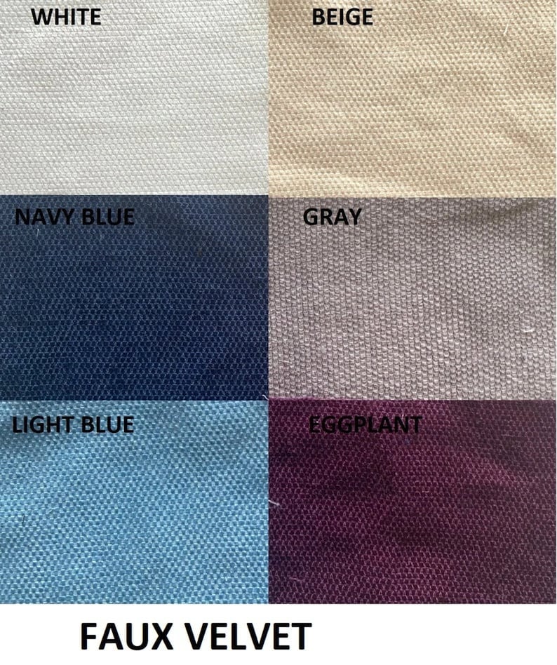 May include: A fabric swatch image featuring six color samples of faux velvet: white, beige, navy blue, gray, light blue, and eggplant. The word "FAUX VELVET" is printed in black at the bottom of the image.