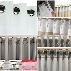 May include: A close-up of different types of curtain header styles, including grommet, rod pocket, pinch pleat, and tab top. The curtains are in various colors and fabrics, including white, beige, and gray.