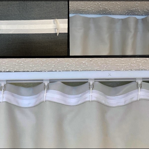 1" tape with plastic hooks for ceiling track system or rods with rings, tape will be sewing into the top of curtain. Curtains not included