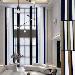 Extra long curtains with stripes 8-20 ft  length .Custom made drapes , 100&quot; wide. Ikiriska White, brown, black, grey . high ceiling