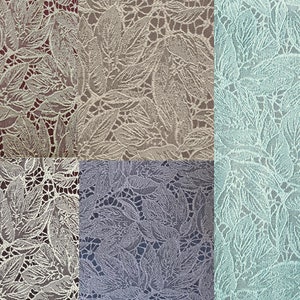 May include: A close-up of six fabric swatches with a leaf pattern. The swatches are in various colors, including burgundy, beige, gray, and light blue.