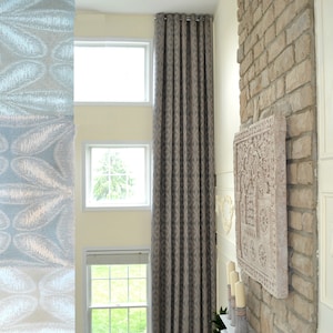 Extra long blue beige gray jacquard curtain with flower pattern with grommet top 16, 17, 18, 20 feet  2 story long great room Ikiriska