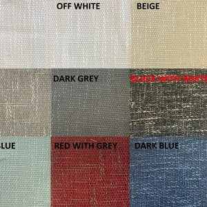 May include: A fabric swatch image showcasing nine different textured fabric samples. Colors include white, off-white, beige, grey, dark grey, black with white, light blue, red with grey, and dark blue. Each swatch is labeled with its respective color.