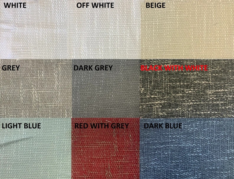 May include: A fabric swatch image showcasing nine different textured fabric samples. Colors include white, off-white, beige, grey, dark grey, black with white, light blue, red with grey, and dark blue. Each swatch is labeled with its respective color.