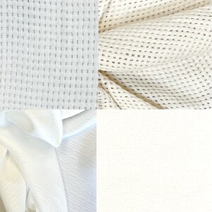 May include: Four different white fabric swatches. The top left swatch is a woven fabric with a small grid pattern. The top right swatch is a woven fabric with a larger grid pattern. The bottom left swatch is a smooth fabric with a subtle texture. The bottom right swatch is a smooth fabric with a very fine texture.
