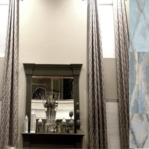 Extra long teal beige gray jacquard curtain with diamond geometrical pattern grommet top 10 12 14 16 17, 18, 20 ft  2 story  Ikiriska