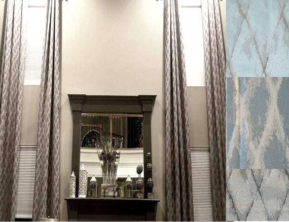 Extra Long Teal Beige Gray Jacquard Curtain With Diamond Extra Long Teal Beige Gray Jacquard, Gray Pattern Grommet Curtains