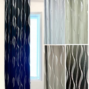 May include: A set of four curtain panels with a wavy, abstract pattern. The curtains are available in black, gray, and white.