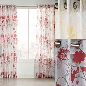 Extra Long Sheer Curtains with Yellow and red Flowers 8-20 ft floral drapes (1 panel) grommet top