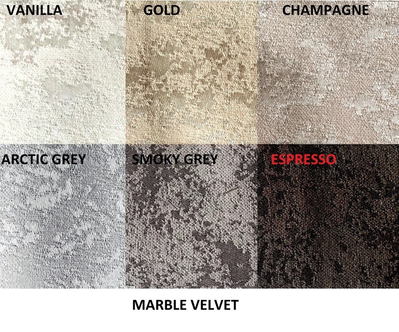 May include: A fabric swatch display featuring six color options of marble velvet. Colors include vanilla, gold, champagne, arctic grey, smoky grey, and espresso. The text "MARBLE VELVET" is at the bottom of the image.