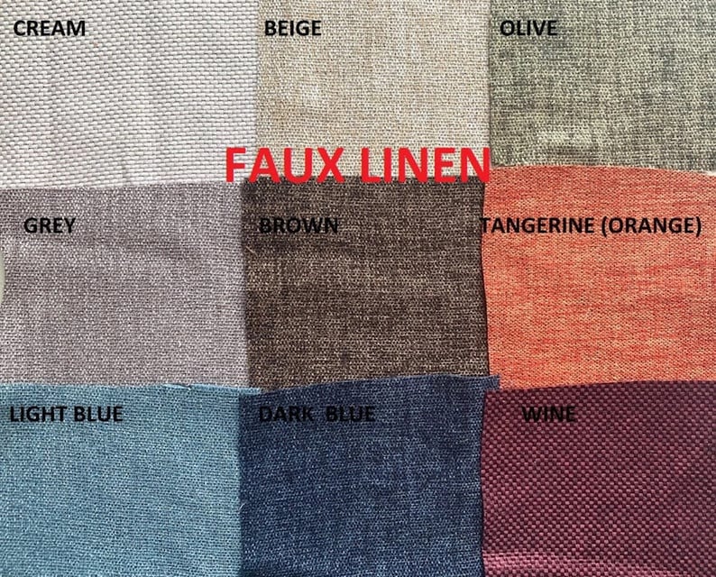 May include: A fabric swatch display featuring faux linen in various colors. The swatches include cream, beige, olive, grey, brown, tangerine, light blue, dark blue, and wine. The text "FAUX LINEN" is overlaid on the image.