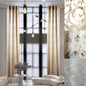 Extra long jacquard curtains with abstract pattern (1 Panel) grommet top custom made Ikiriska. Wide, tall drape.