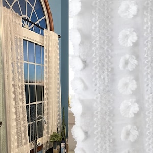 White Sheer Curtain 5-24 ft Long Semi Sheer Pom Pom Embroidered Tufted Textured Floral Window Curtain (1 panel) Custom made Ikiriska