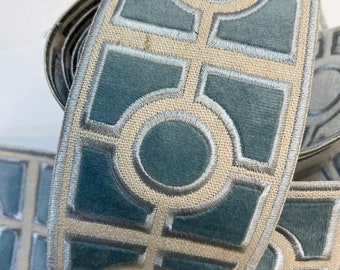 Trim geometrical 3.5" wide. Blue  velvet   with beige squares/ circles. For curtains, pillows