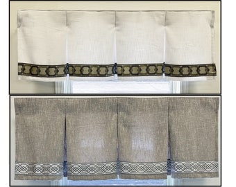 Valance with 3 inverted pleats. With trim and back tabs.  Luxury linen. Custom made . Ikiriska Different colors.  Small curtain
