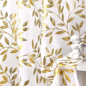 Extra long Semi-sheer curtain white with gold leaves  (1 Panel) Custom made Ikiriska