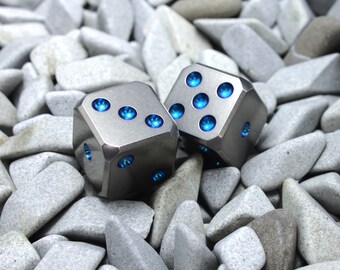 Tesseract Blue Titanium Dice CNC Machined and Stone Washed, Grade 5 Titanium