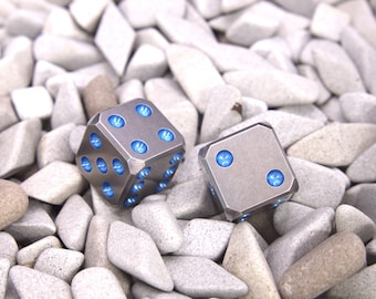 Aquamarine Titanium Dice CNC Machined and Stone Washed, Grade 5 Titanium