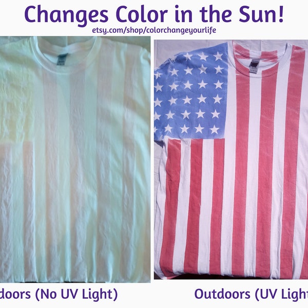 Color changing patriotic US flag in the sun solar active uv activated tshirt tee stars and stripes shirt USA photochromic uv adult xl