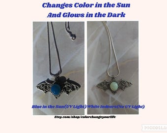 bat wing pendant sun activated stone glow in the dark antique silver blue gothic steampunk vampire halloween necklace vintage