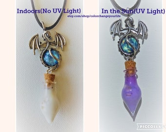 dark blue dragon necklace with color changing Sun Angel Dragon Tears of Happiness in vial potion solar active  black silky cord